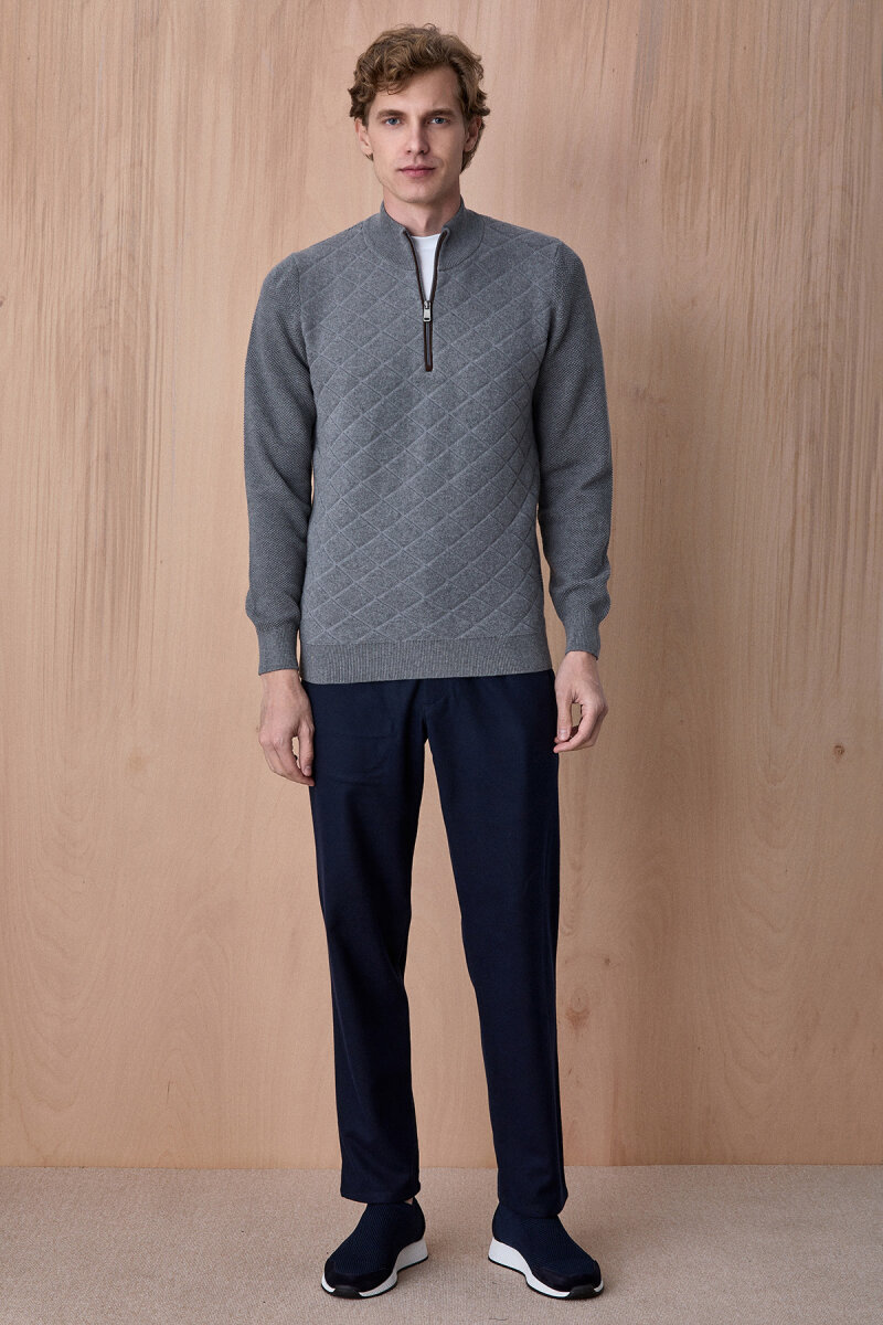 Koyu Gri Pamuklu Kısa Fermuarlı Kazak - 3