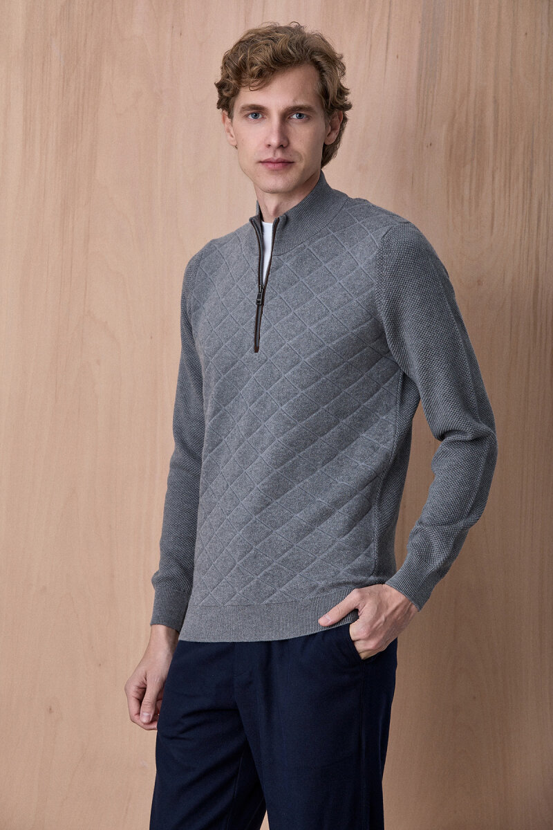 Koyu Gri Pamuklu Kısa Fermuarlı Kazak - 4