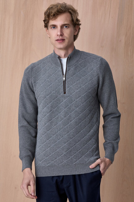 Koyu Gri Pamuklu Kısa Fermuarlı Kazak - 5