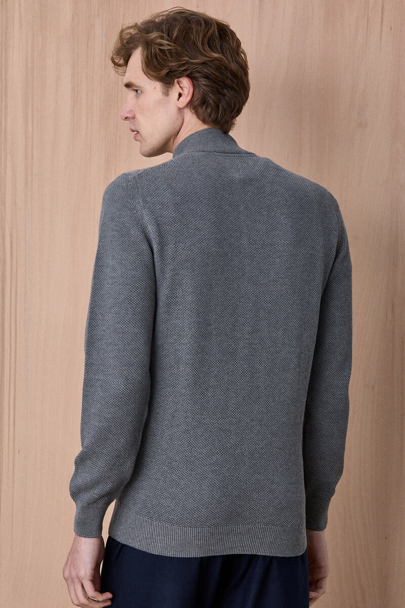 Koyu Gri Pamuklu Kısa Fermuarlı Kazak - 6