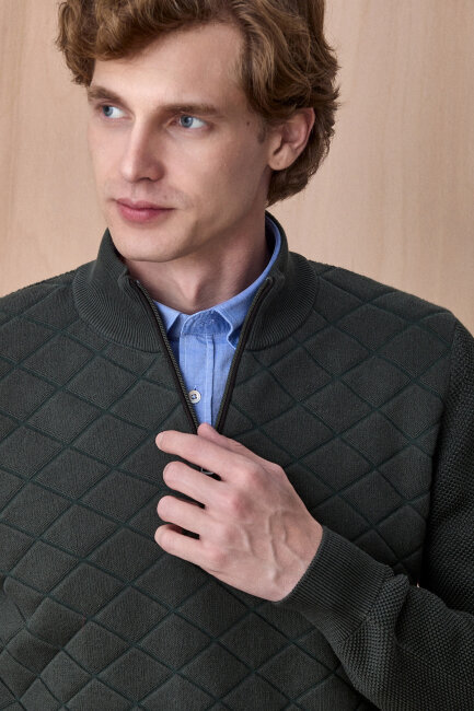 Koyu Yeşil Pamuklu Kısa Fermuarlı Kazak - 2