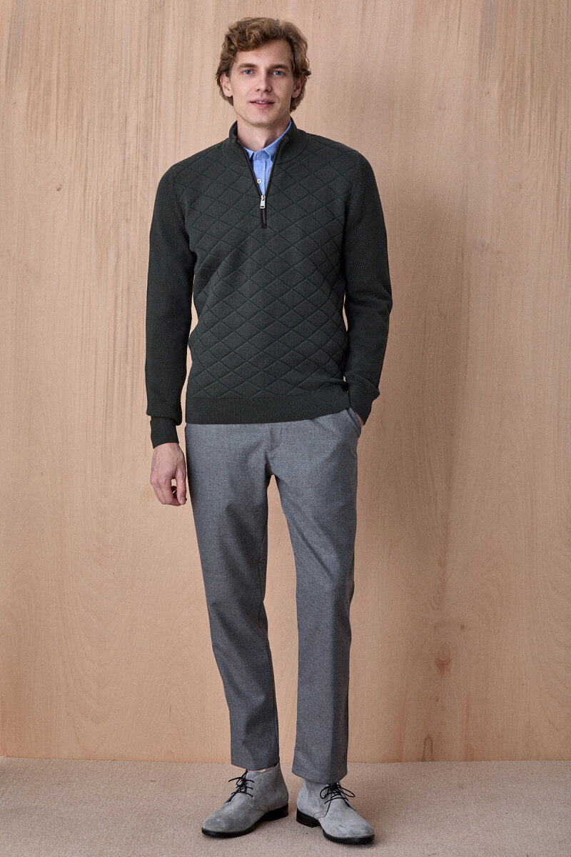 Koyu Yeşil Pamuklu Kısa Fermuarlı Kazak - 3