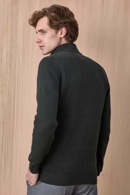 Koyu Yeşil Pamuklu Kısa Fermuarlı Kazak - 6