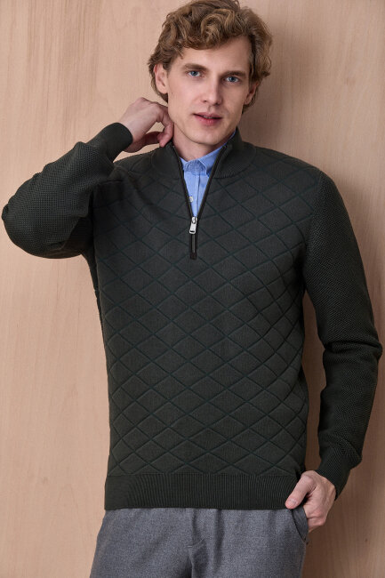 Koyu Yeşil Pamuklu Kısa Fermuarlı Kazak - 4