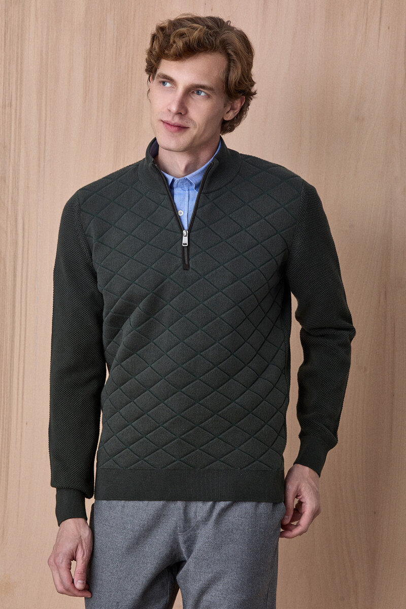 Koyu Yeşil Pamuklu Kısa Fermuarlı Kazak - 5