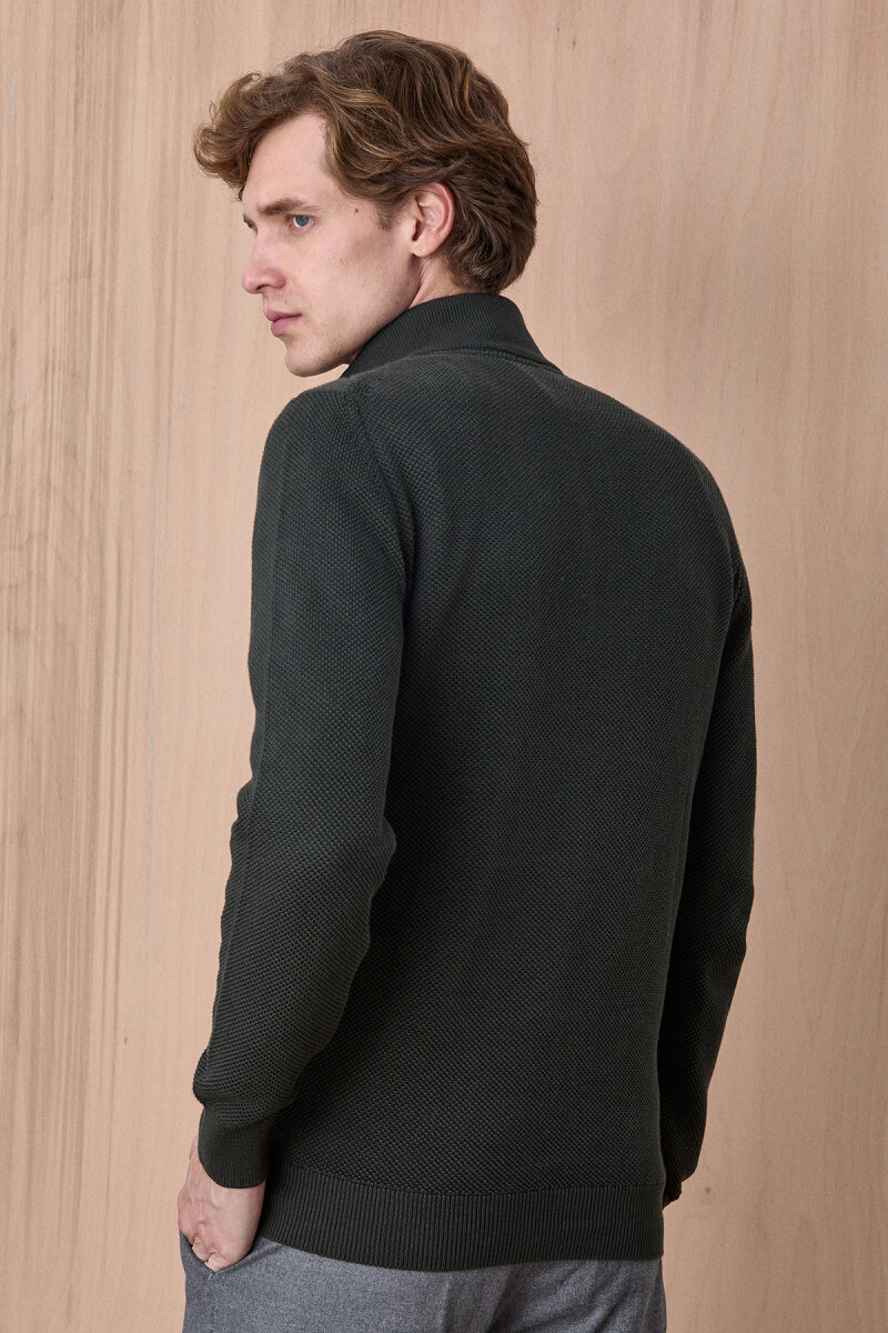 Koyu Yeşil Pamuklu Kısa Fermuarlı Kazak - 6