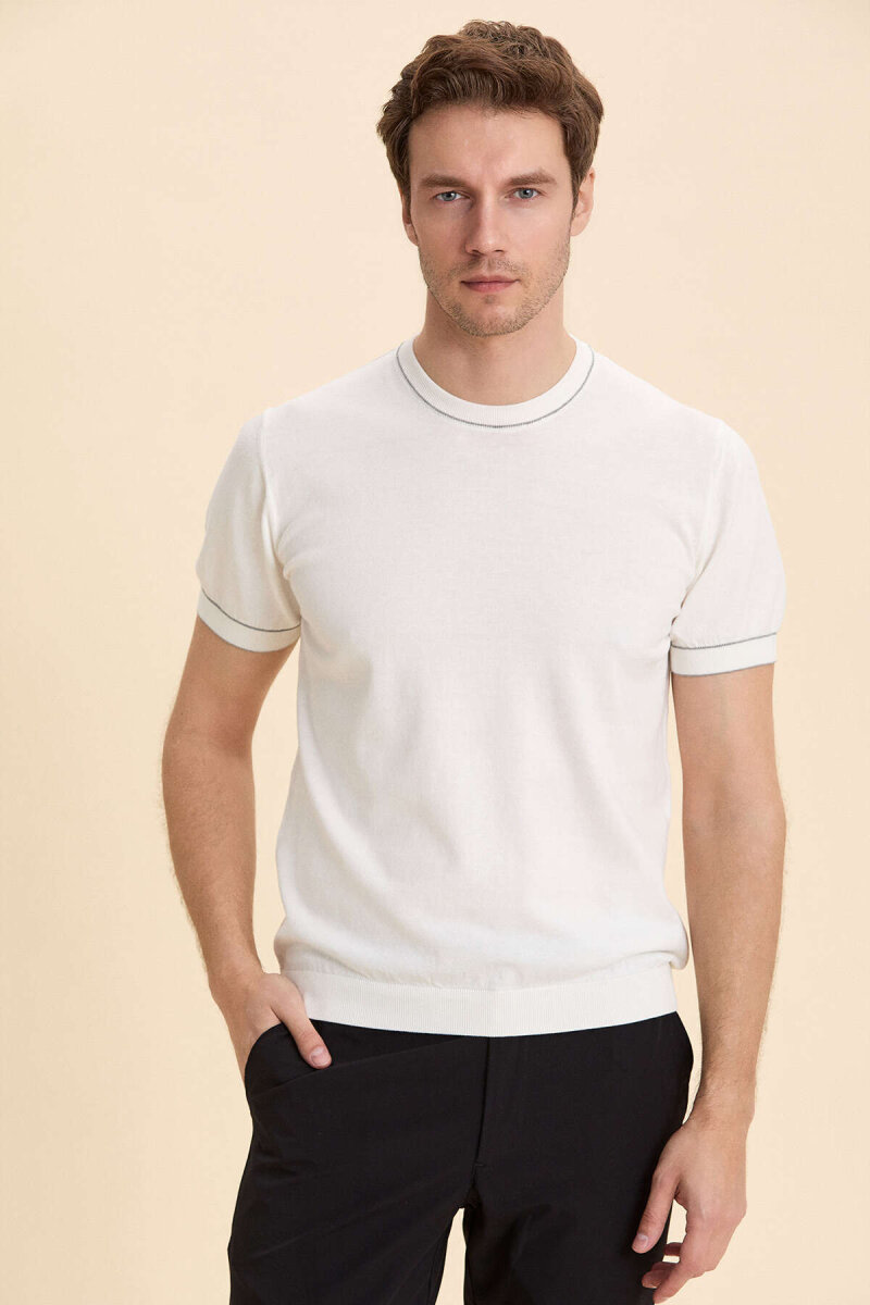 Kırık Beyaz %100 Pamuk Bisiklet Yaka Kısa Kollu Kazak - 4