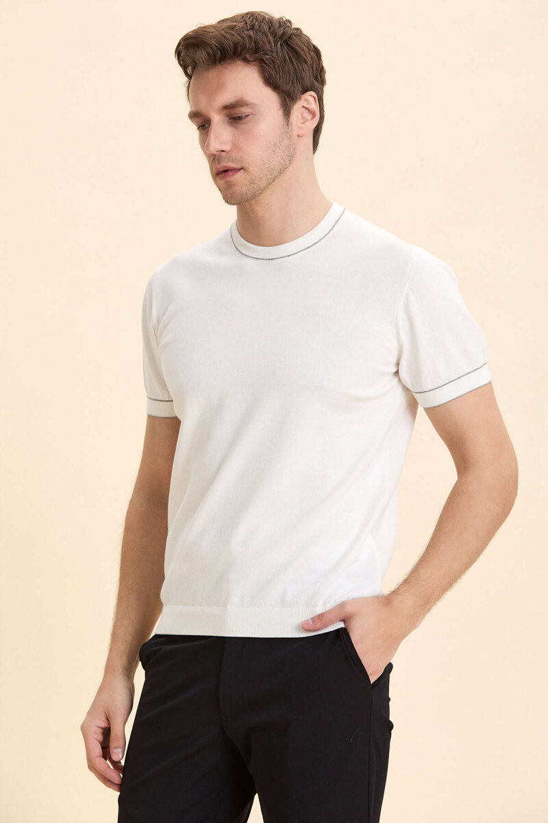 Kırık Beyaz %100 Pamuk Bisiklet Yaka Kısa Kollu Kazak - 5