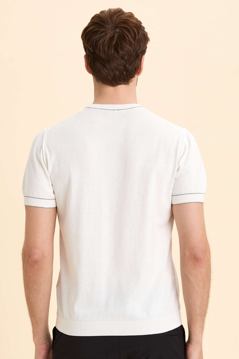 Kırık Beyaz %100 Pamuk Bisiklet Yaka Polo Kazak - 6