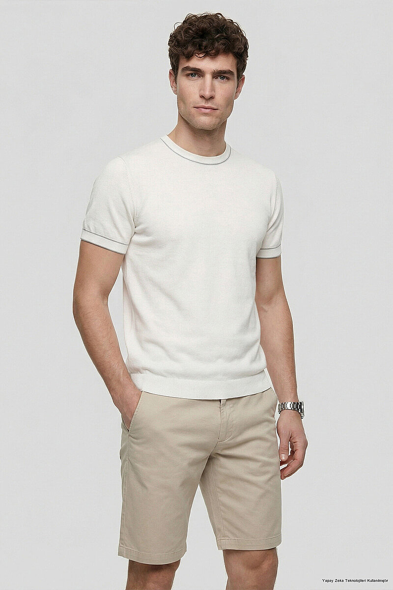Kırık Beyaz %100 Pamuk Bisiklet Yaka Polo Kazak