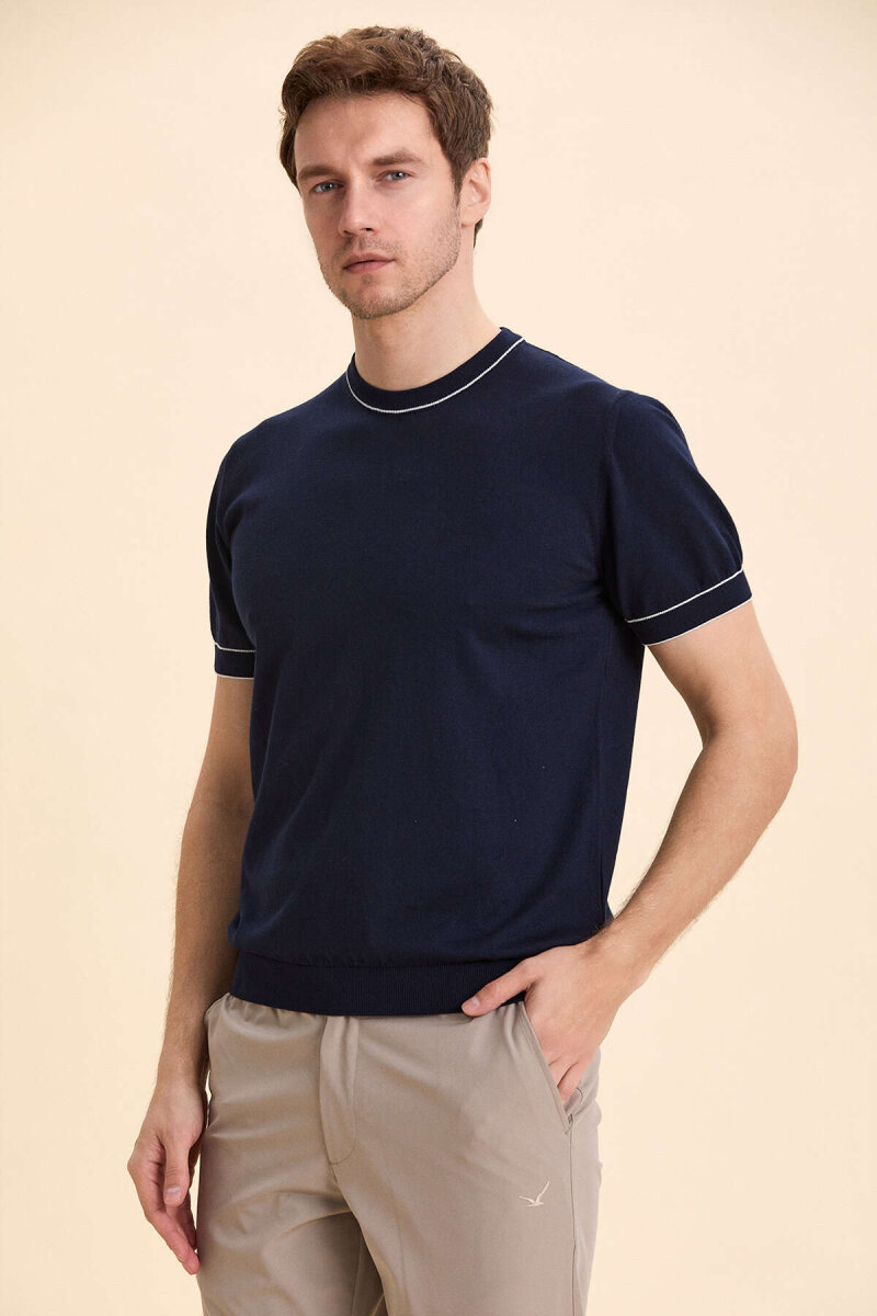 Lacivert %100 Pamuk Bisiklet Yaka Polo Kazak - 3