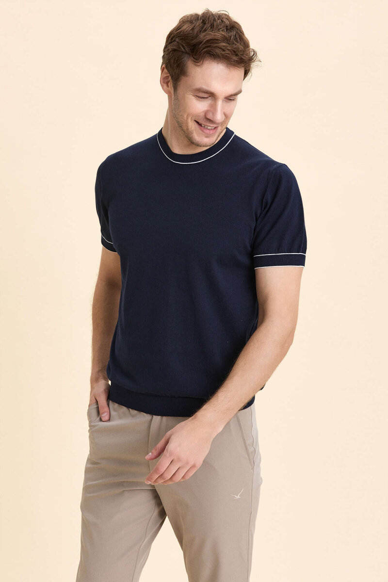 Lacivert %100 Pamuk Bisiklet Yaka Polo Kazak - 4