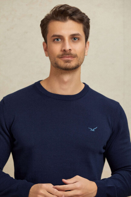 Navy Blue 100% Cotton Round Neck Sweater - 2