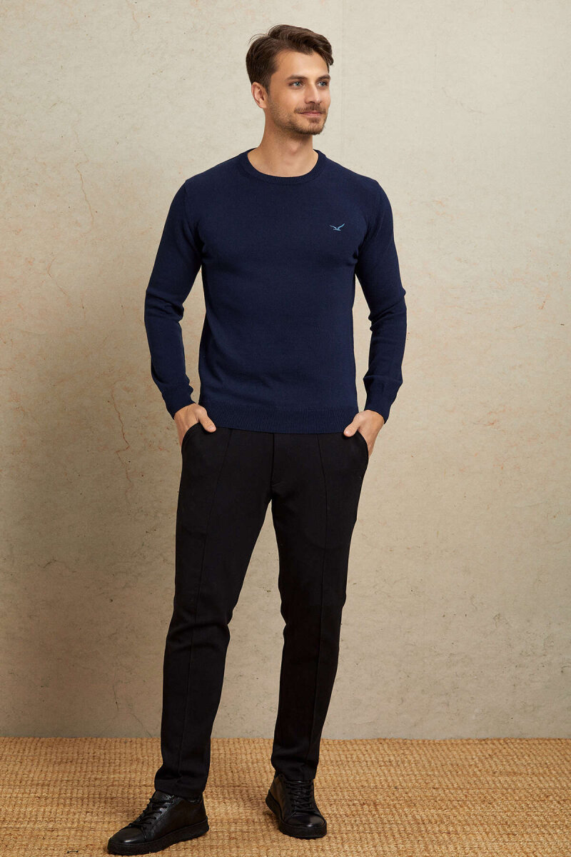 Navy Blue 100% Cotton Round Neck Sweater - 3