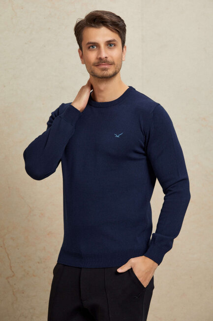Navy Blue 100% Cotton Round Neck Sweater - 4