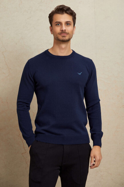 Navy Blue 100% Cotton Round Neck Sweater - 5