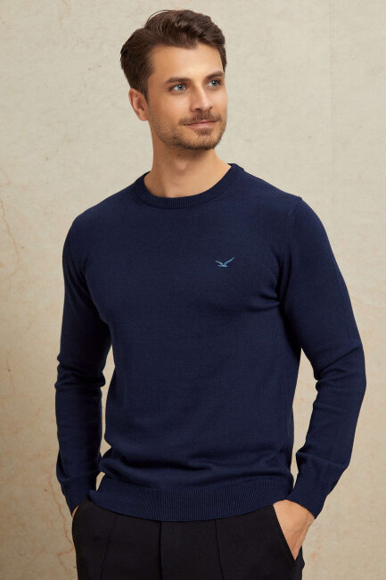 Navy Blue 100% Cotton Round Neck Sweater - 6