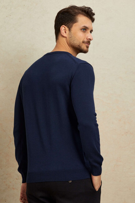 Navy Blue 100% Cotton Round Neck Sweater - 7