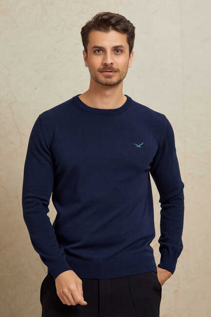 Navy Blue 100% Cotton Round Neck Sweater 