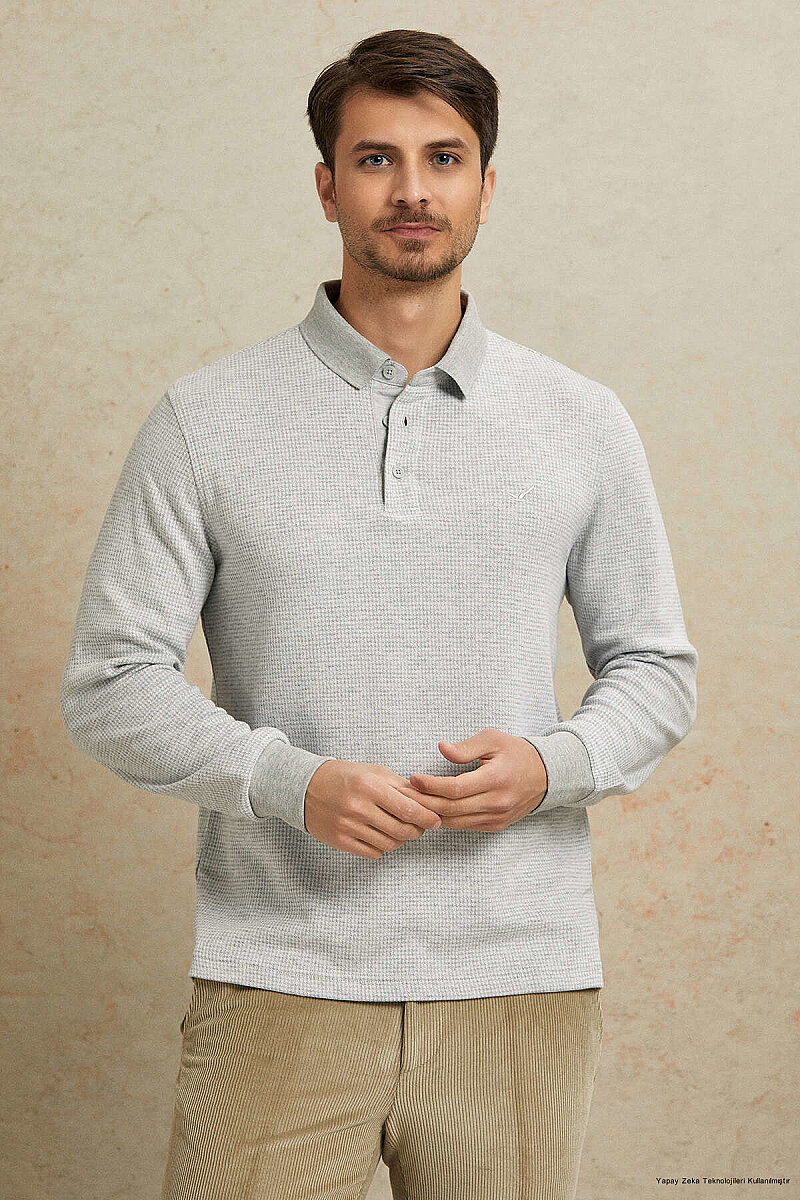Gri Melanj Pamuklu Polo Sweatshirt