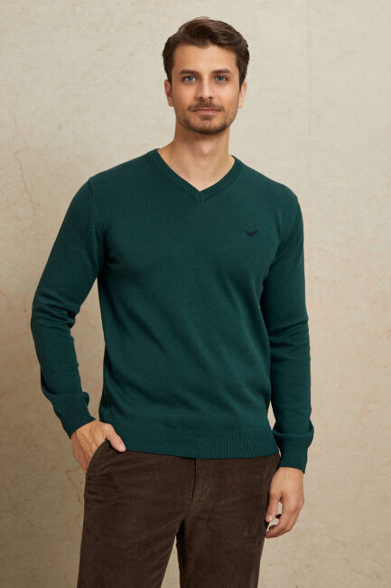 Dark Green 100% Cotton V-Neck Sweater - 2