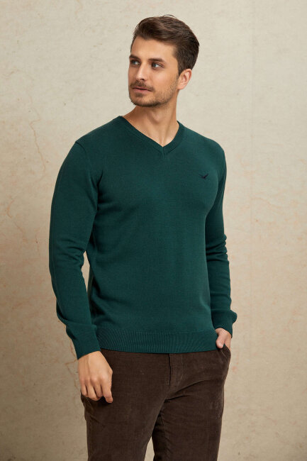 Dark Green 100% Cotton V-Neck Sweater - 4