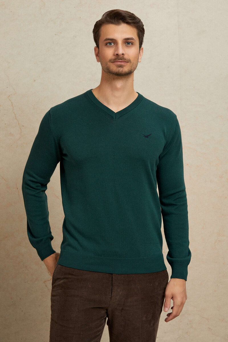 Dark Green 100% Cotton V-Neck Sweater - 5