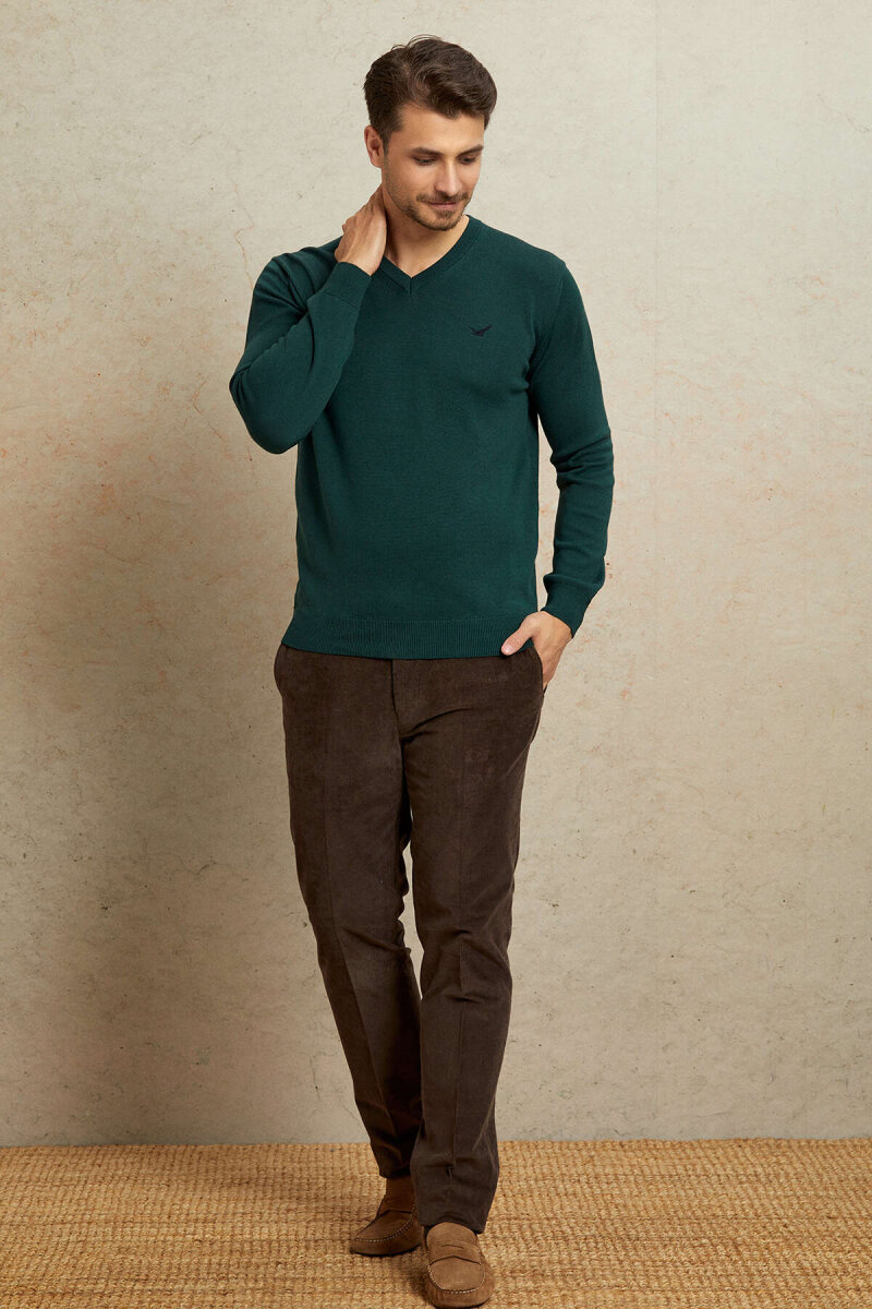Dark Green 100% Cotton V-Neck Sweater - 6