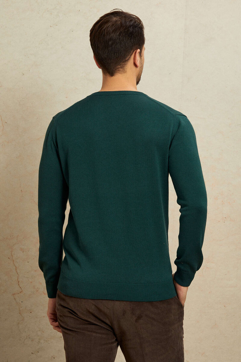 Dark Green 100% Cotton V-Neck Sweater - 7