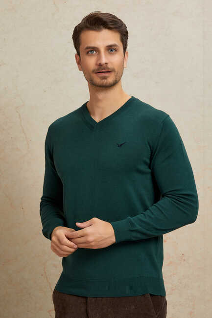 Dark Green 100% Cotton V-Neck Sweater 