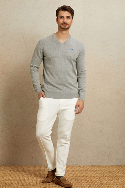 Light Grey 100% Cotton V-Neck Sweater - 3