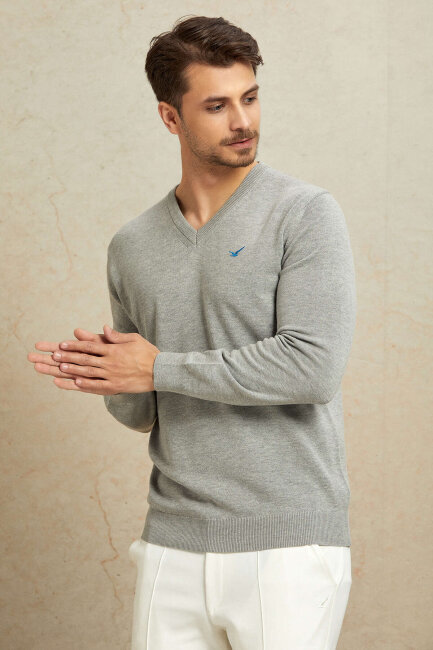 Light Grey 100% Cotton V-Neck Sweater - 4