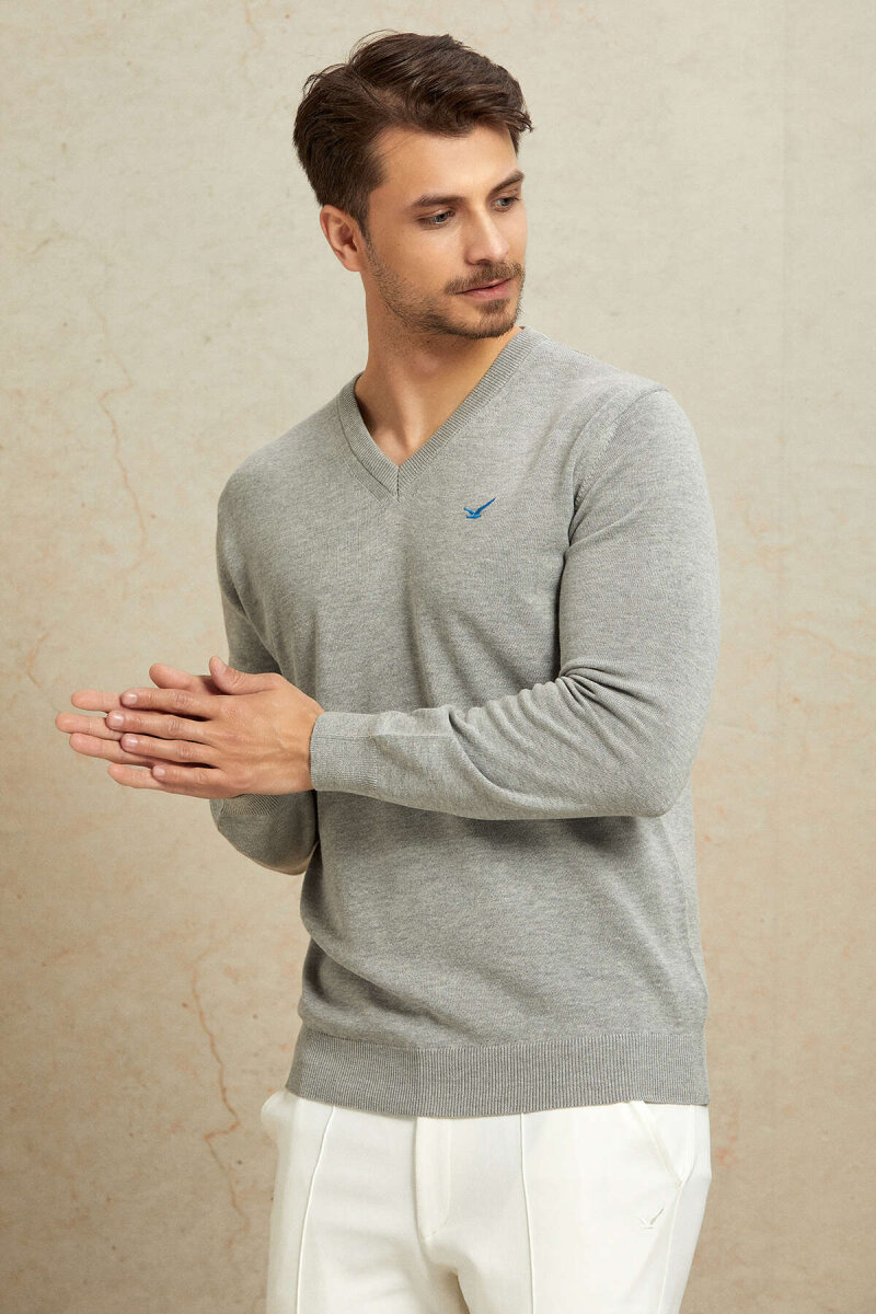 Light Grey 100% Cotton V-Neck Sweater - 4