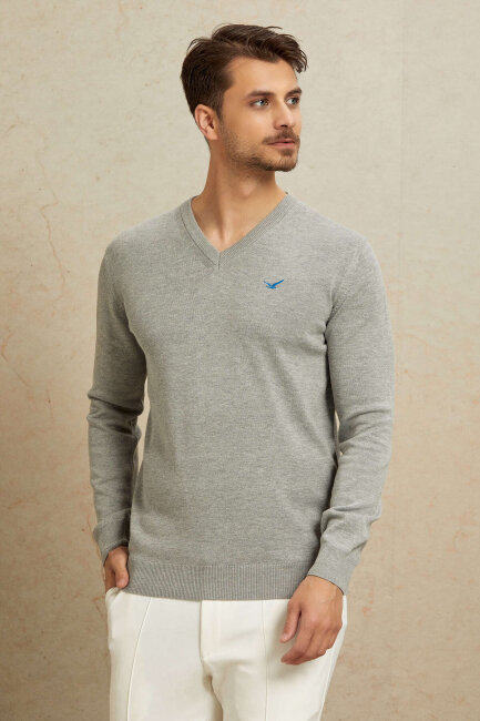 Light Grey 100% Cotton V-Neck Sweater - 5
