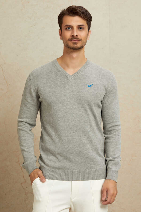 Light Grey 100% Cotton V-Neck Sweater