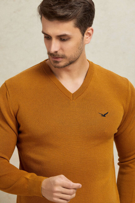 Mustard 100% Cotton V-Neck Sweater - 2