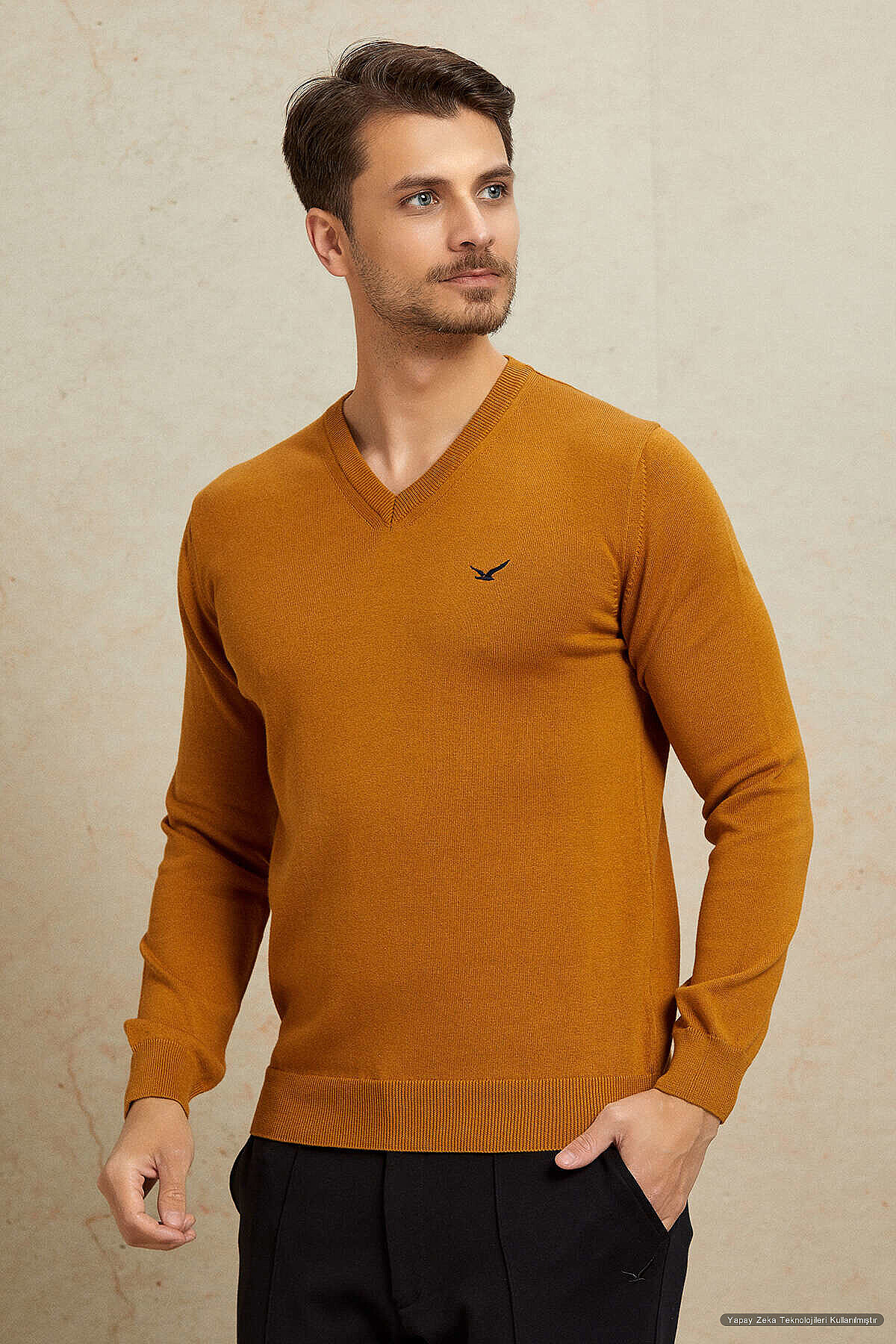 Mustard 100% Cotton V-Neck Sweater - 2