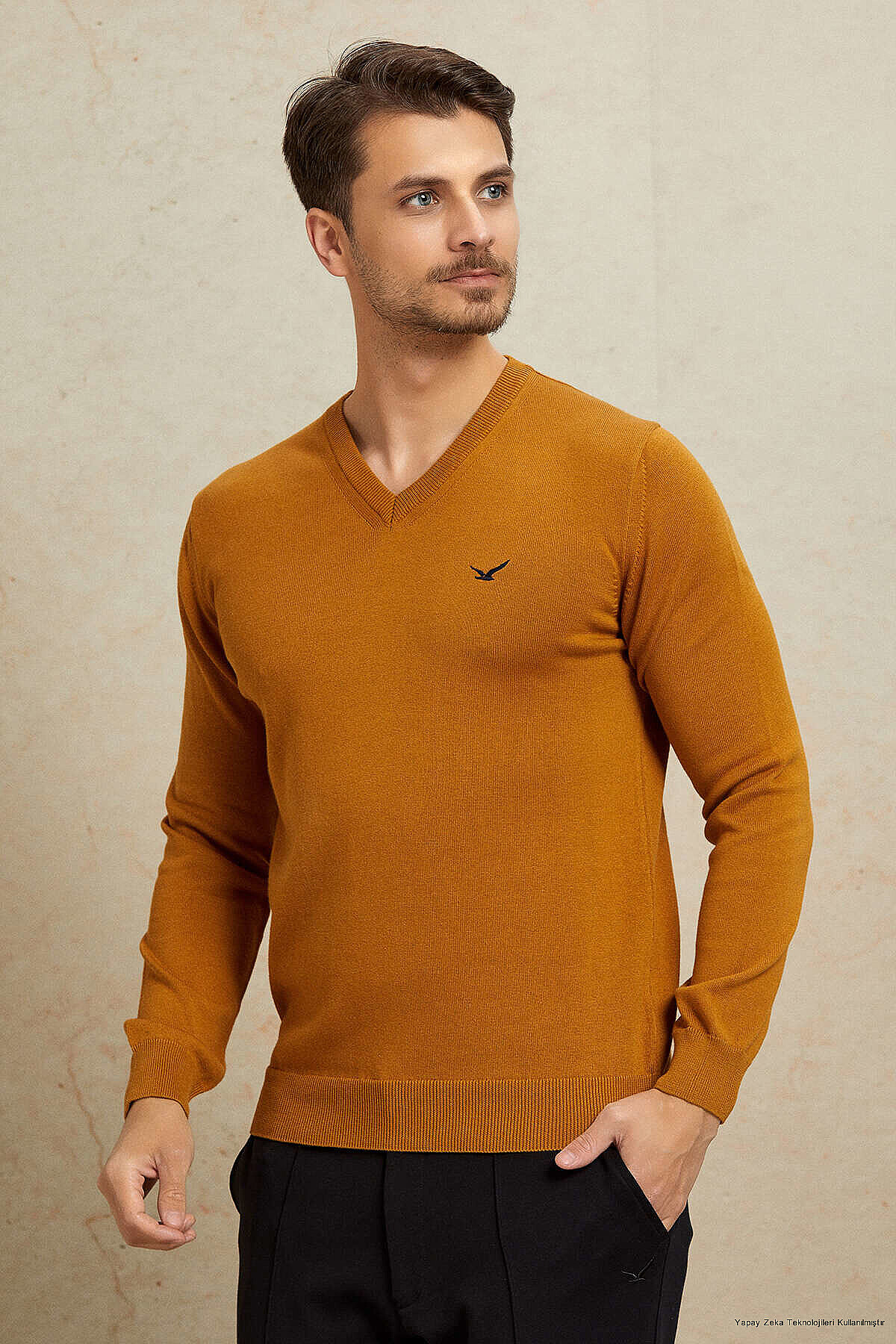 Mustard 100% Cotton V-Neck Sweater - 1