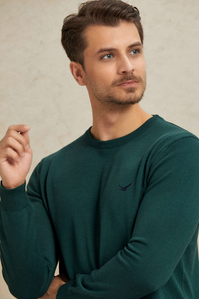 Koyu Yeşil %100 Pamuk Yuvarlak Yaka Kazak (1)