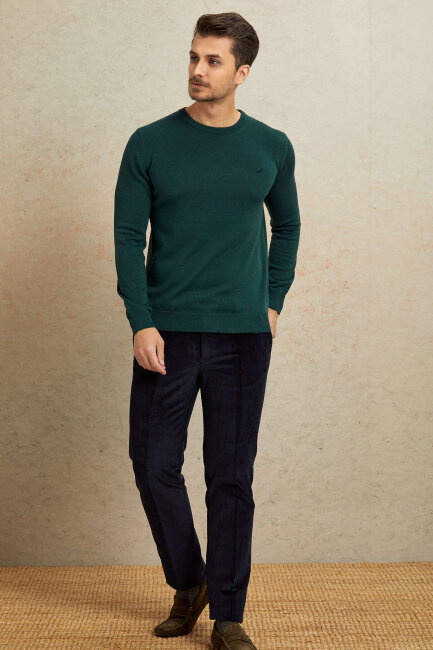 Koyu Yeşil %100 Pamuk Yuvarlak Yaka Kazak - 3