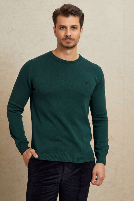 Koyu Yeşil %100 Pamuk Yuvarlak Yaka Kazak - 4
