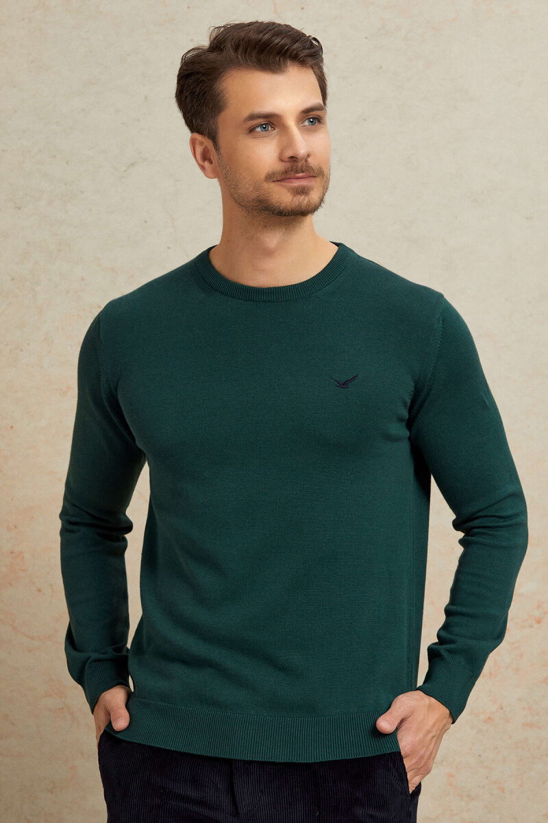 Koyu Yeşil %100 Pamuk Yuvarlak Yaka Kazak - 5