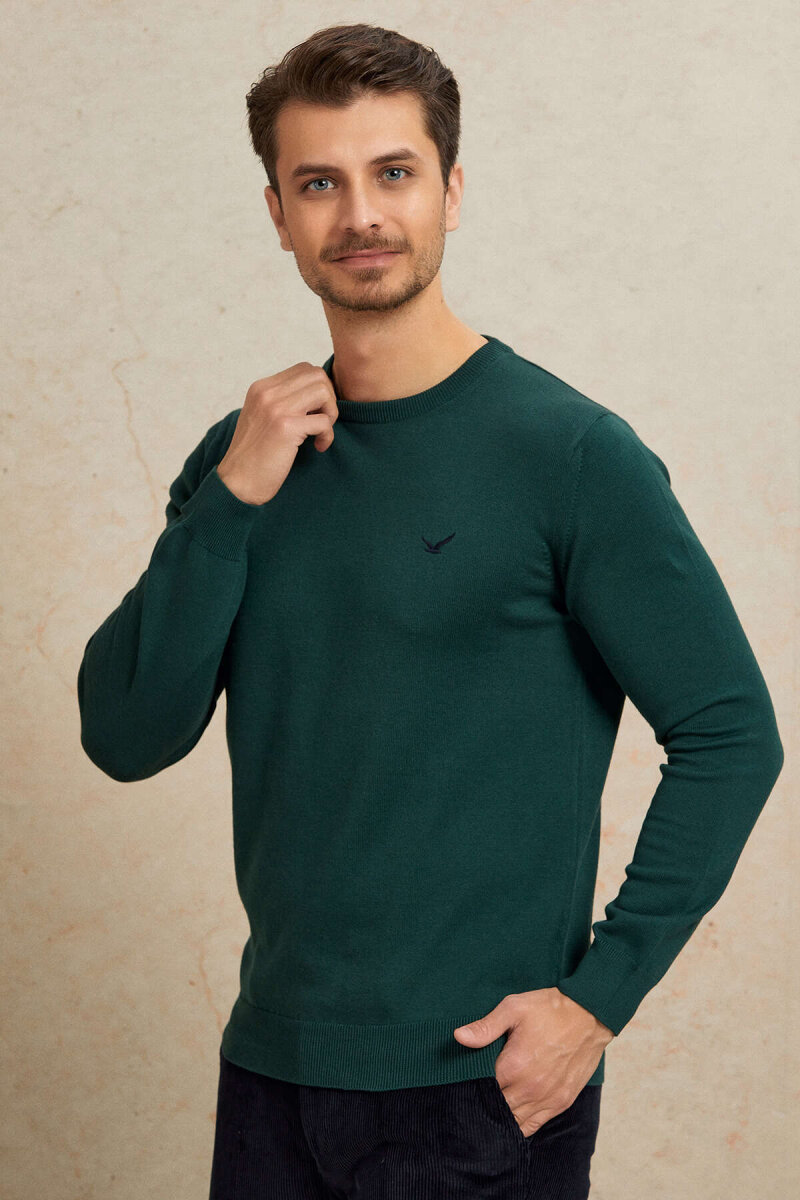 Koyu Yeşil %100 Pamuk Yuvarlak Yaka Kazak - 6