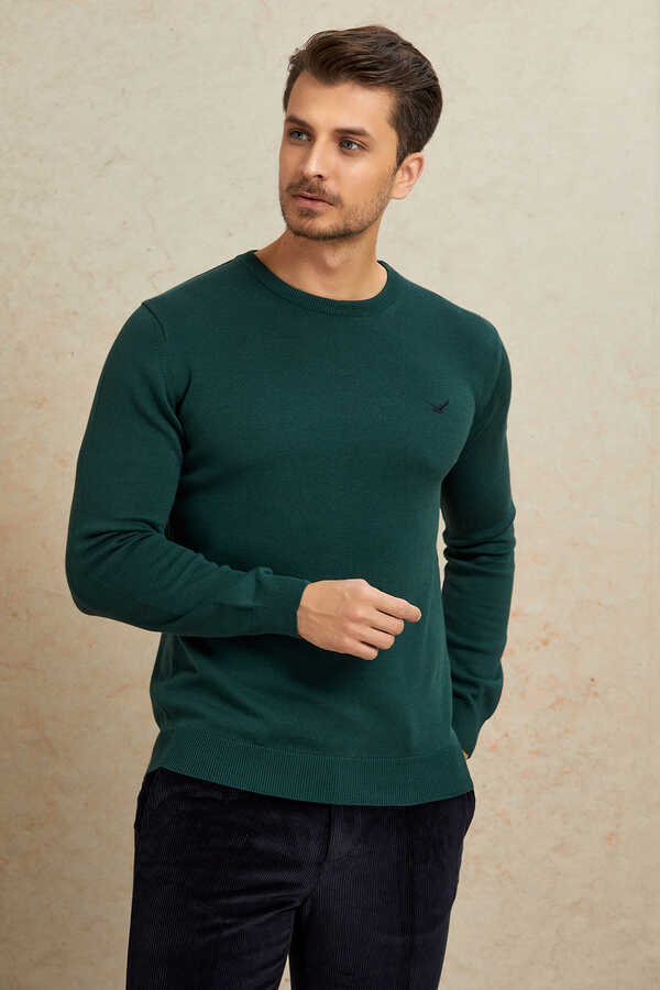 Koyu Yeşil %100 Pamuk Yuvarlak Yaka Kazak