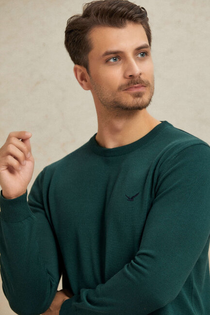 Koyu Yeşil %100 Pamuk Yuvarlak Yaka Kazak - 2
