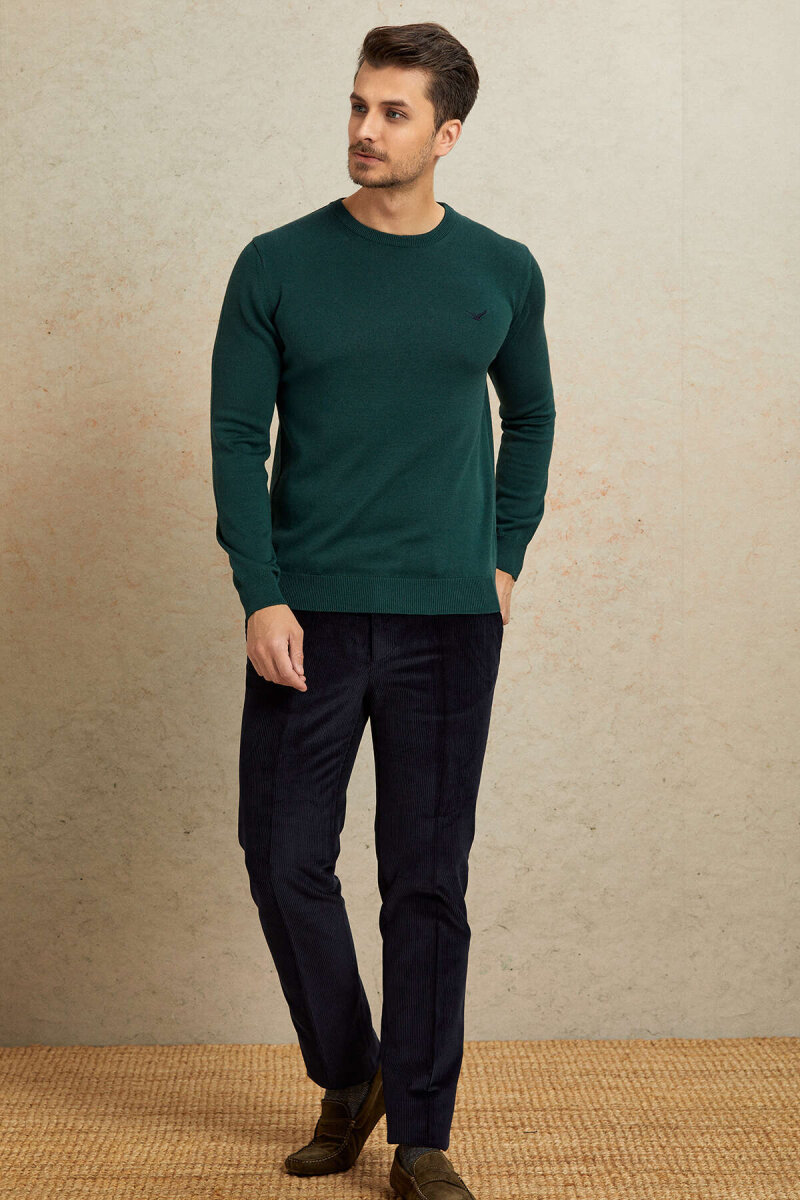 Koyu Yeşil %100 Pamuk Yuvarlak Yaka Kazak - 3