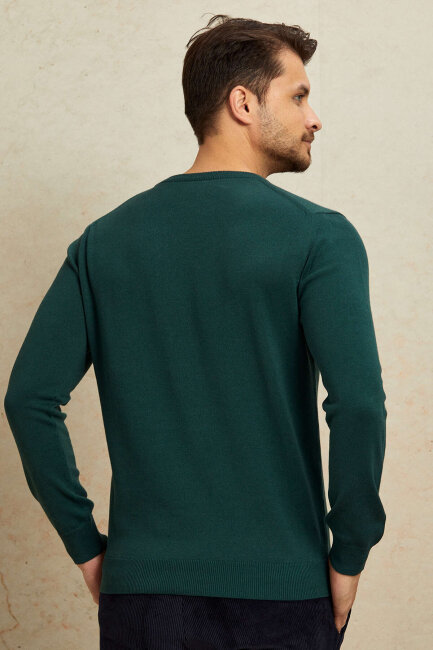 Koyu Yeşil %100 Pamuk Yuvarlak Yaka Kazak - 7