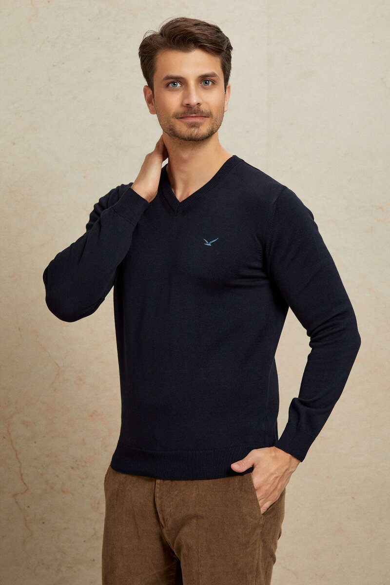Navy Blue 100% Cotton V-Neck Sweater (1)