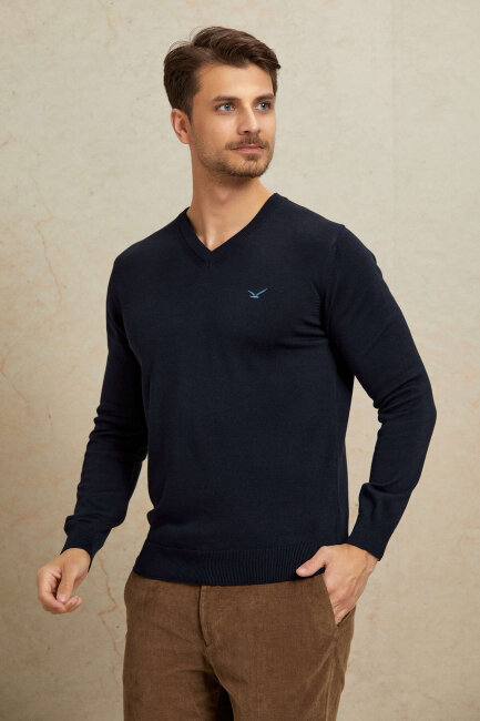 Navy Blue 100% Cotton V-Neck Sweater - 3