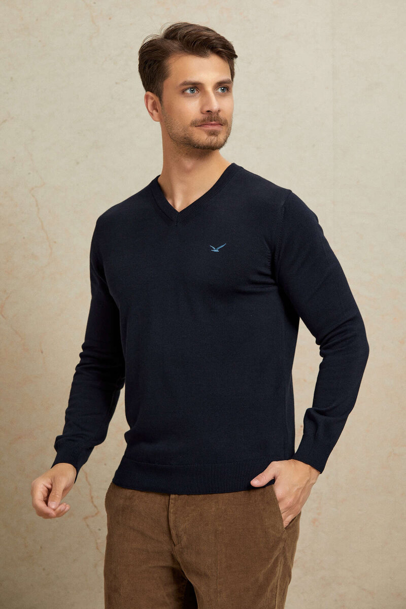 Navy Blue 100% Cotton V-Neck Sweater - 3